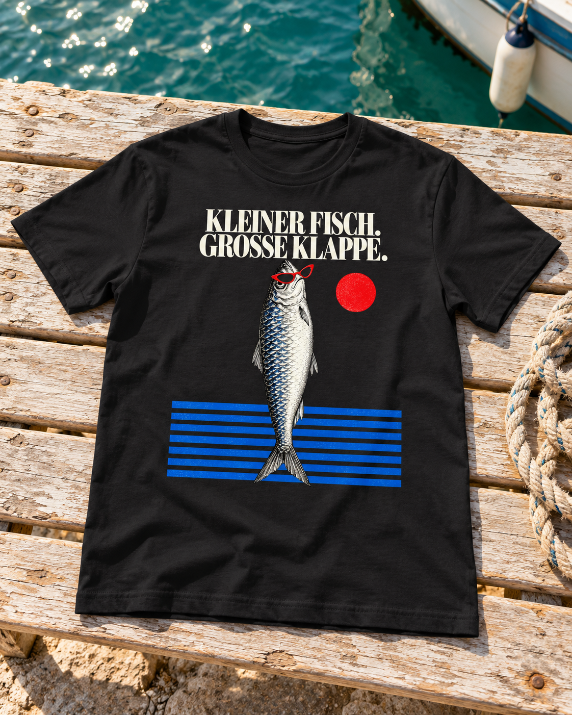KI-Szenenbild: Schwarzes T-Shirt „Kleiner Fisch, große Klappe“ liegt neben einem Tau auf einer Holzbank am Hafen