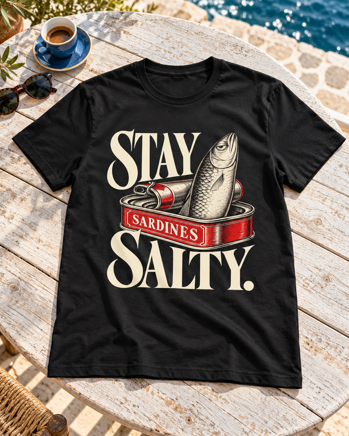 KI-Szenenbild: Schwarzes T-Shirt „Stay Salty“ liegt mit Espresso und Sonnenbrille auf einem Holztisch am Meer