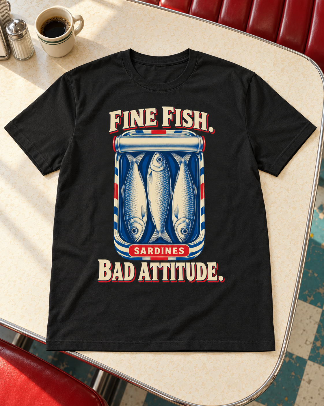 KI-Szenenbild: Schwarzes T-Shirt „Fine Fish, Bad Attitude“ liegt neben einer Kaffeetasse auf einem Retro-Cafétisch