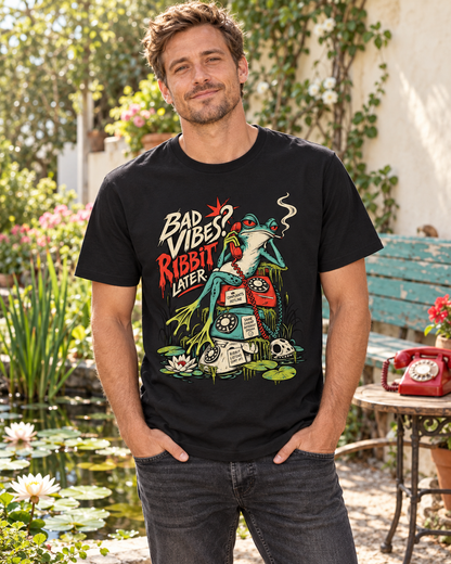 Bad Vibes Rabbit Later Frosch T-Shirt in einer inszenierten Produktaufnahme