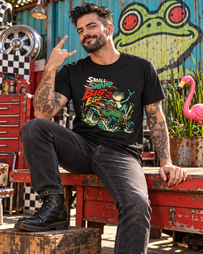 Mann trägt das Small Swamp Big Ego Frosch Hotrod T-Shirt in einer Werkstatt