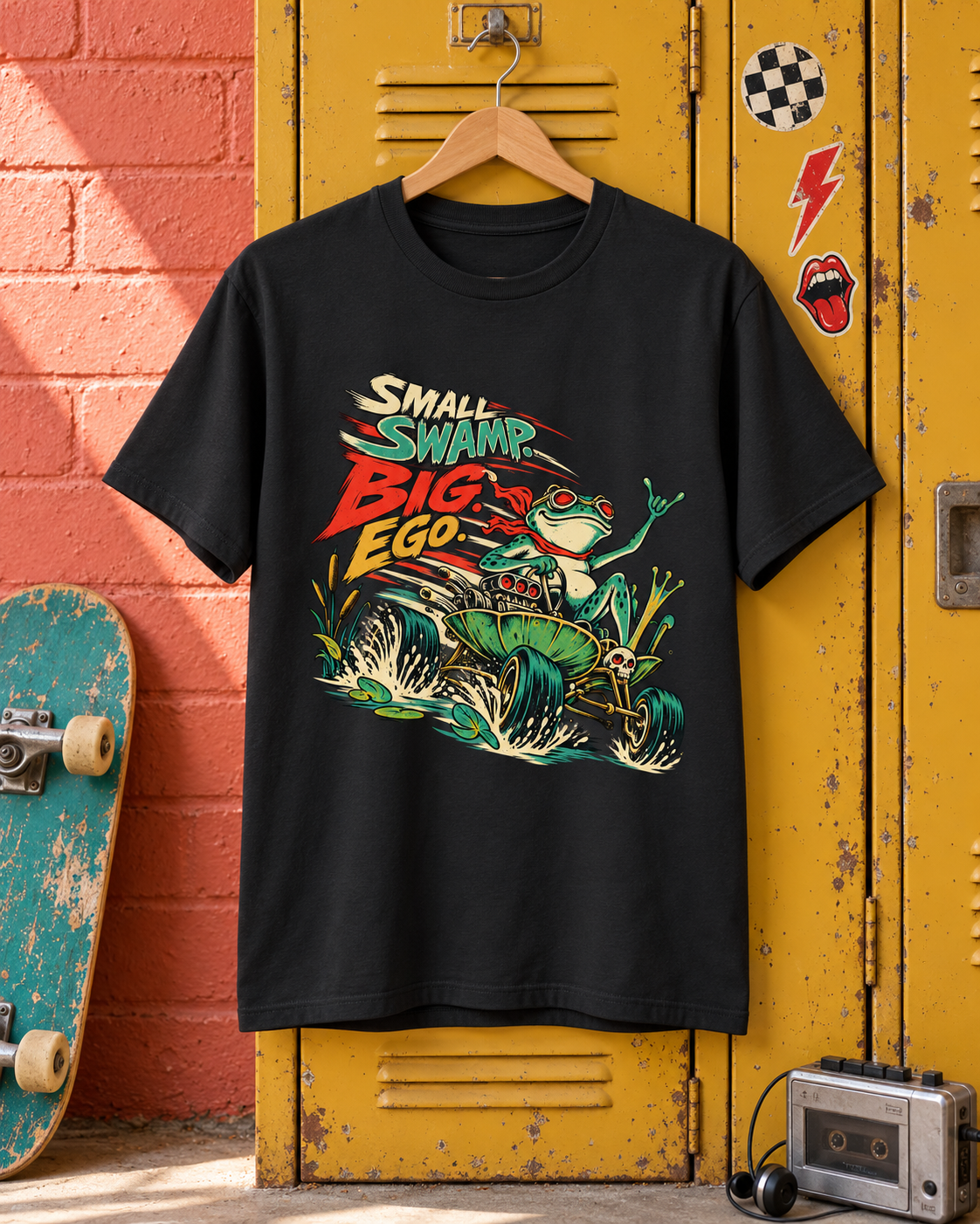 Small Swamp Big Ego Frosch T-Shirt am Holzbügel vor einem gelben Spind mit Skateboard