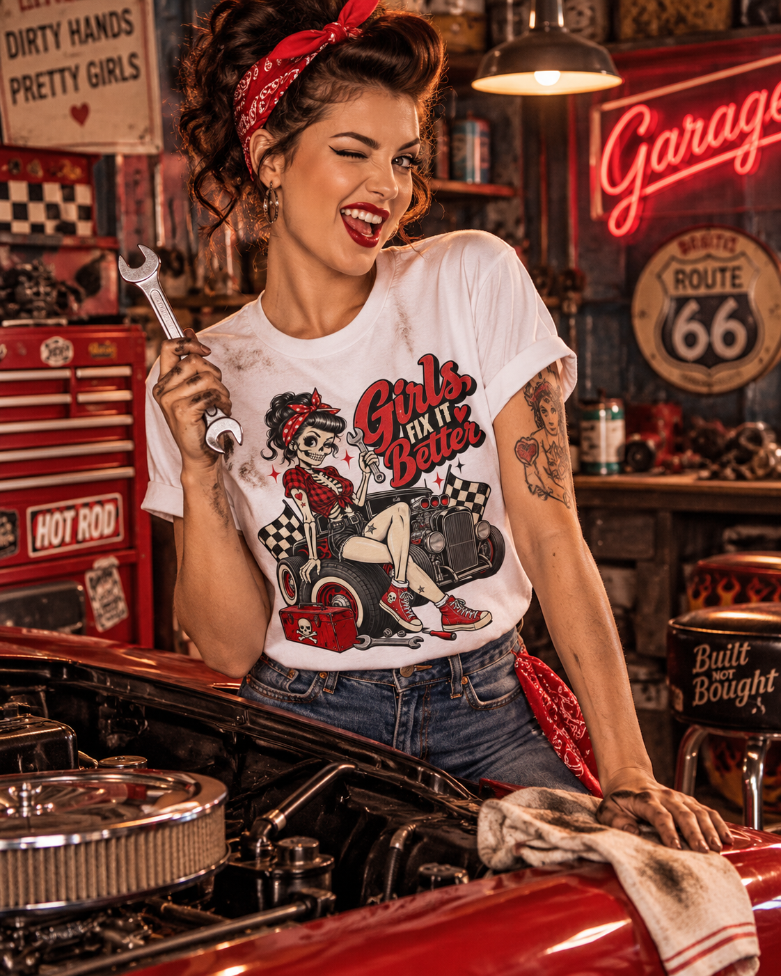 Girls Fix It Better – Rockabilly Garage Ladies T-Shirt weiß Lifestyle Bild 2