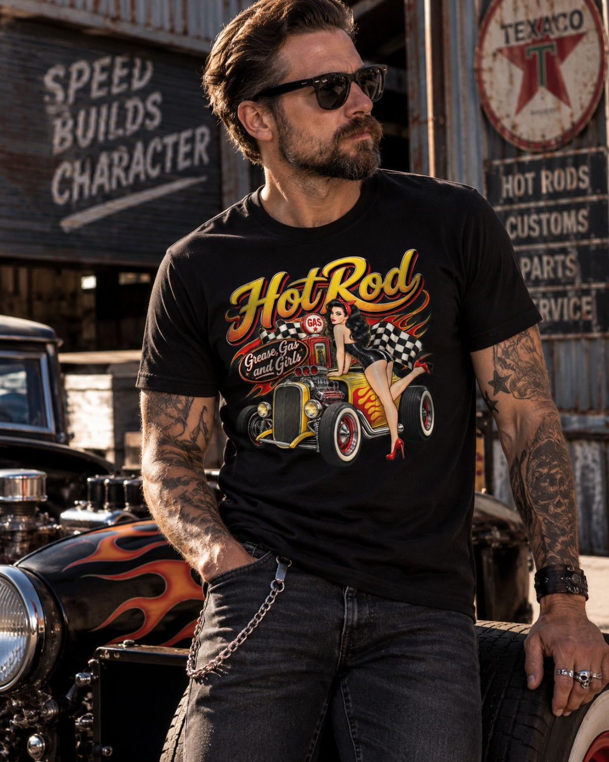 Hot Rod Grease Gas and Girls Rockabilly T-Shirt schwarz Herren