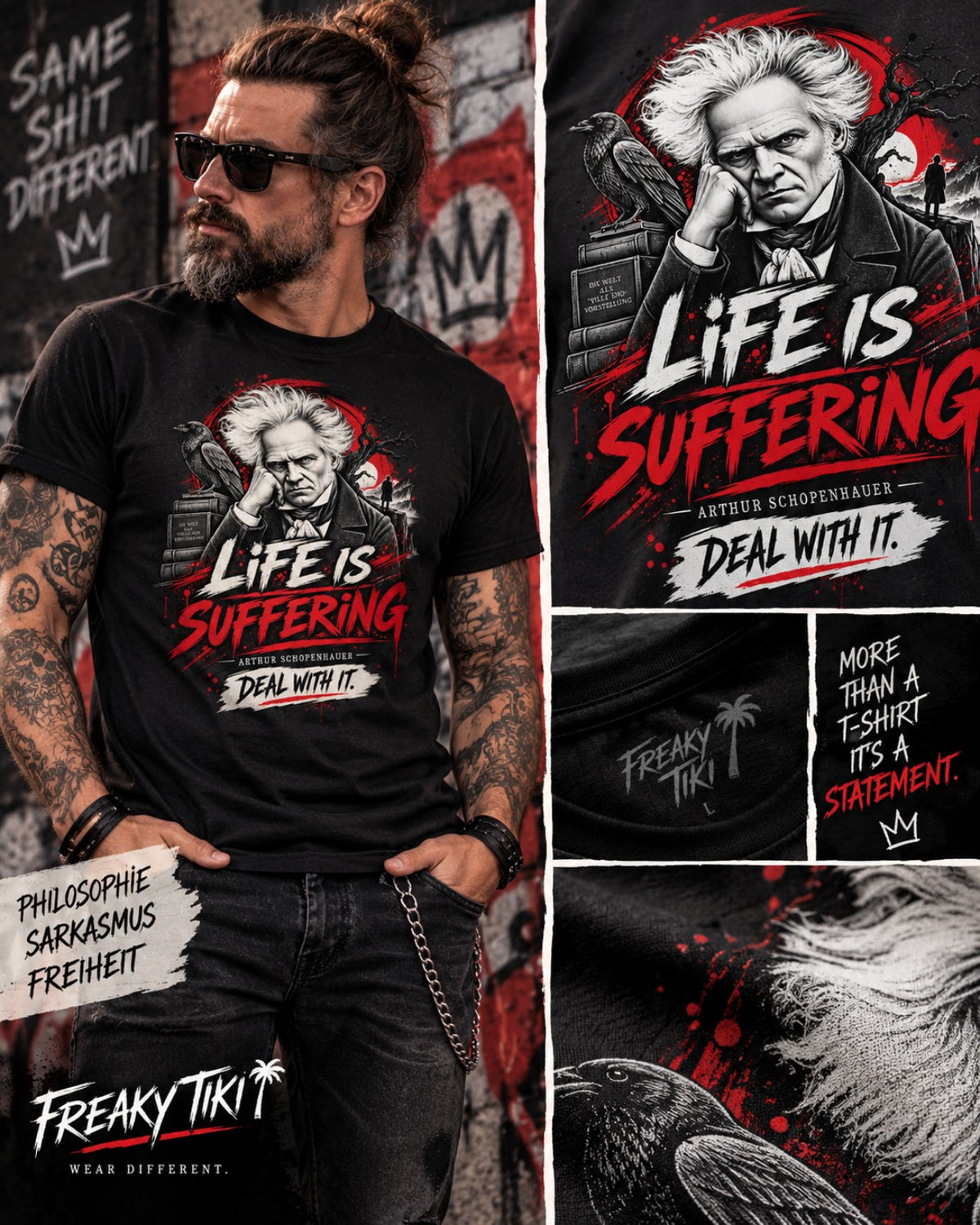 Schopenhauer Life is Suffering T-Shirt Detail Collage – FreakyTiki