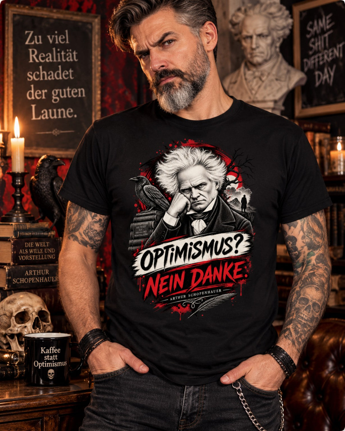 Schopenhauer Optimismus Nein Danke Philosophie T-Shirt schwarz am Model – FreakyTiki