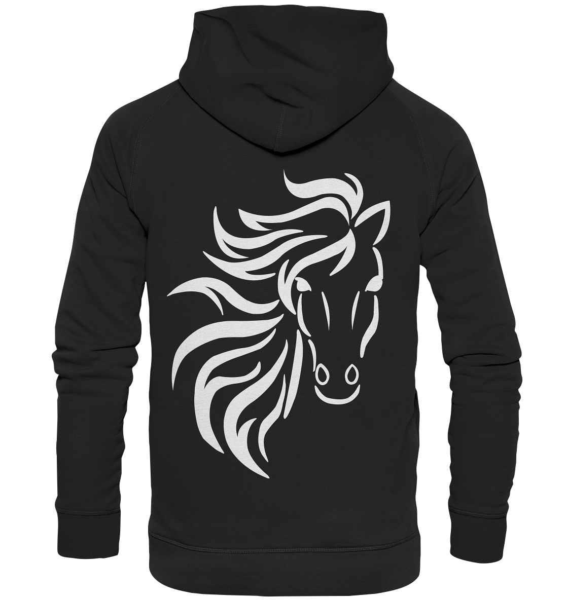 Schwarzer Hoodie mit weißem Motiv: Pferd mit wehender Mähne, kraftvoll und stilvoll.