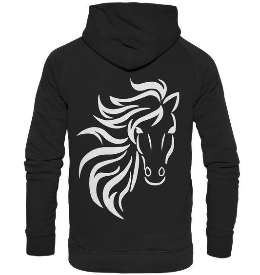 Schwarzer Hoodie mit weißem Motiv: Pferd mit wehender Mähne, kraftvoll und stilvoll.