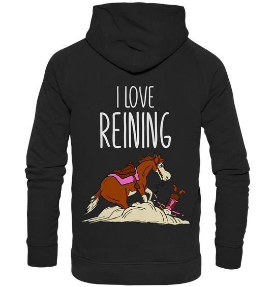 Schwarzer Hoodie mit Quarter Horse im Sliding Stop und gestürztem Reiter Schriftzug I Love Reining