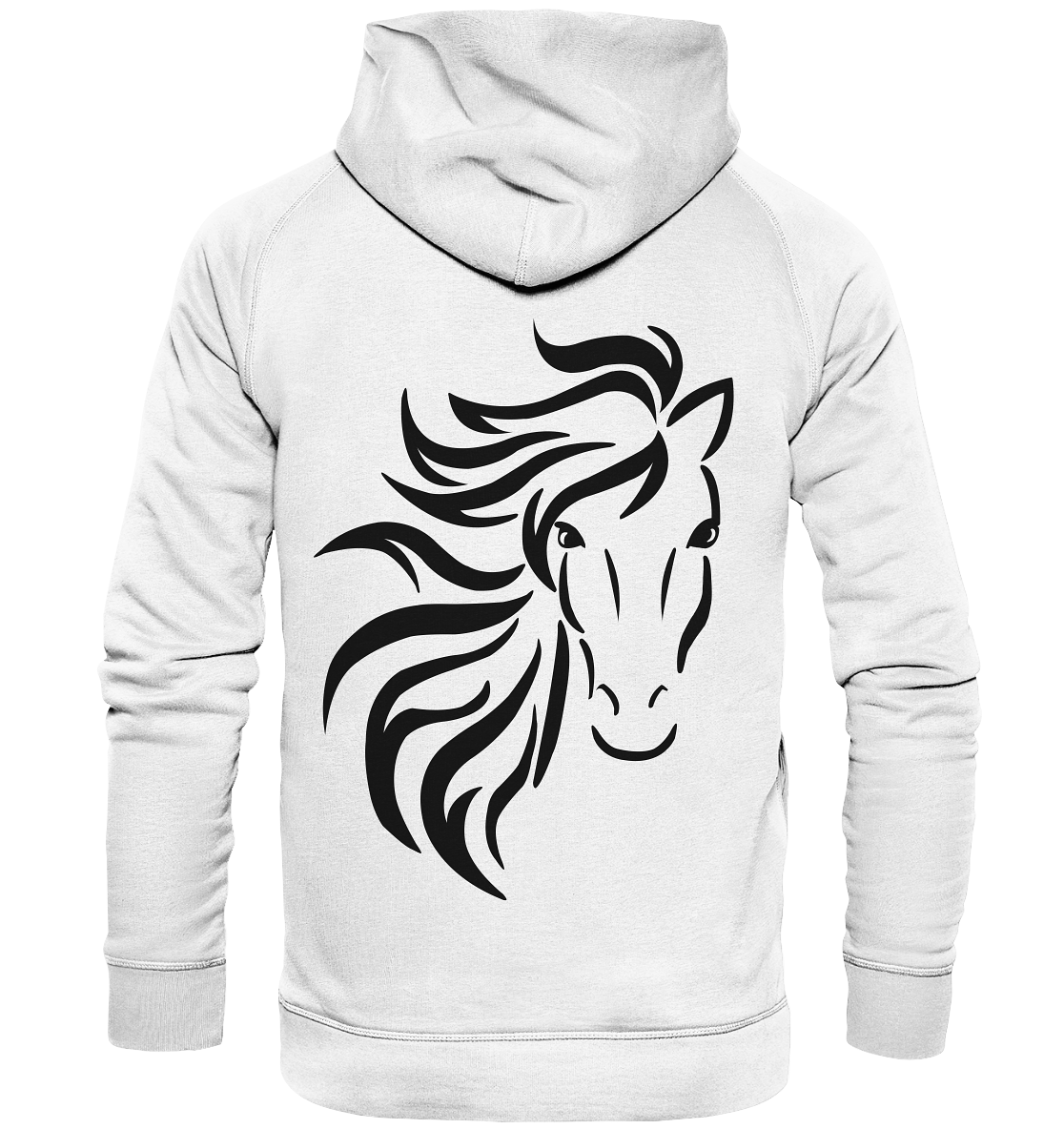 Weißer Hoodie mit schwarzem Motiv: Wild galoppierendes Pferd mit wehender Mähne, kraftvoll und stilvoll.
