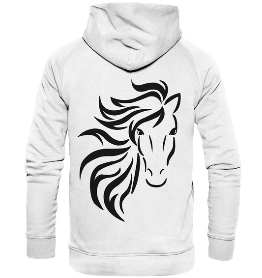 Weißer Hoodie mit schwarzem Motiv: Wild galoppierendes Pferd mit wehender Mähne, kraftvoll und stilvoll.
