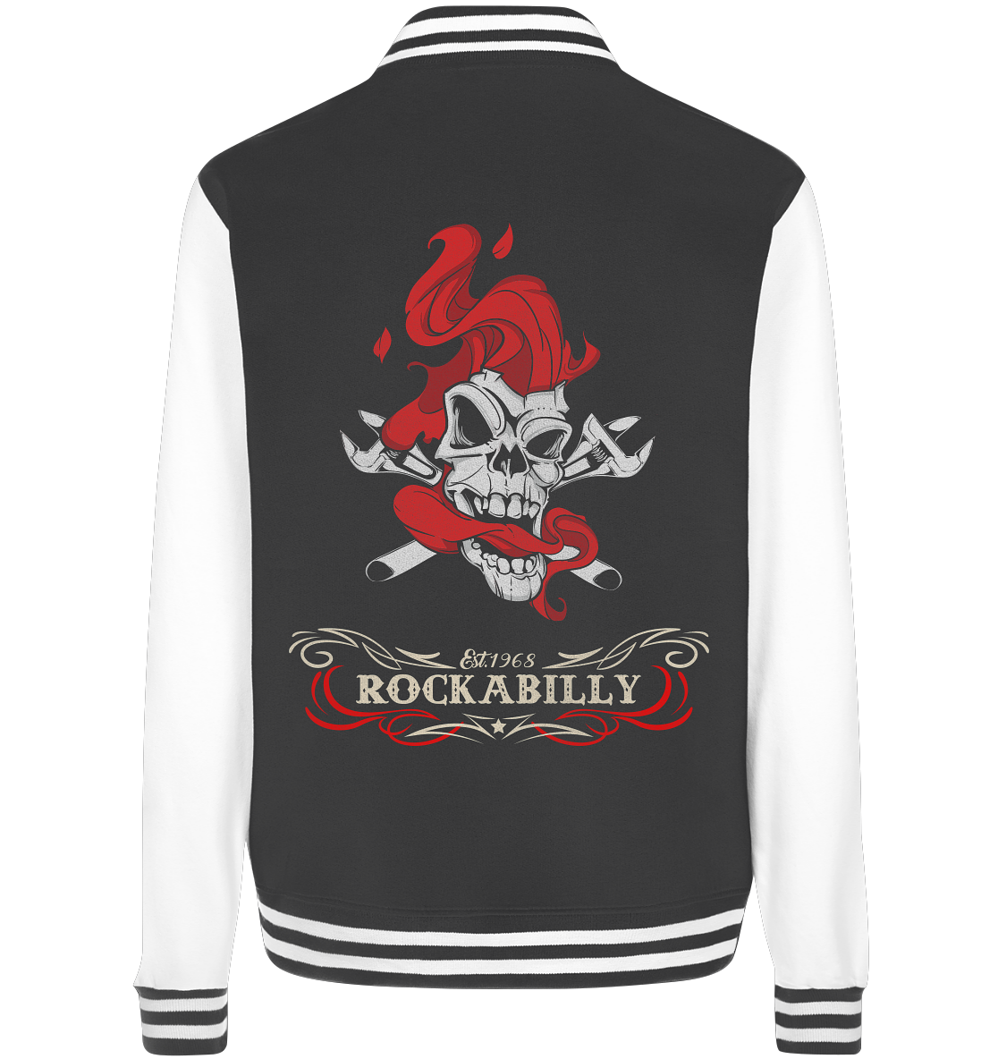 Schwarze College Jacke mit weißen Ärmeln und Rückendruck: Smoking Skull mit roter Haartolle, rotem Rauch und Schriftzug „Rockabilly“
