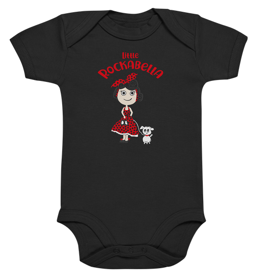 Babybody mit süßem Rockabella-Motiv im Retro-Stil – kurzer Strampler mit kleinem Rock’n’Roll-Girl auf der Vorderseite