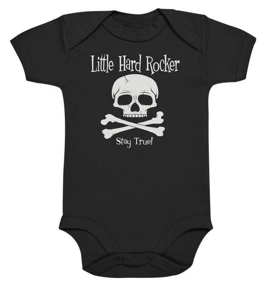 Schwarzer Babybody mit Skull & Crossbones und dem Spruch „Little Hard Rocker“ 