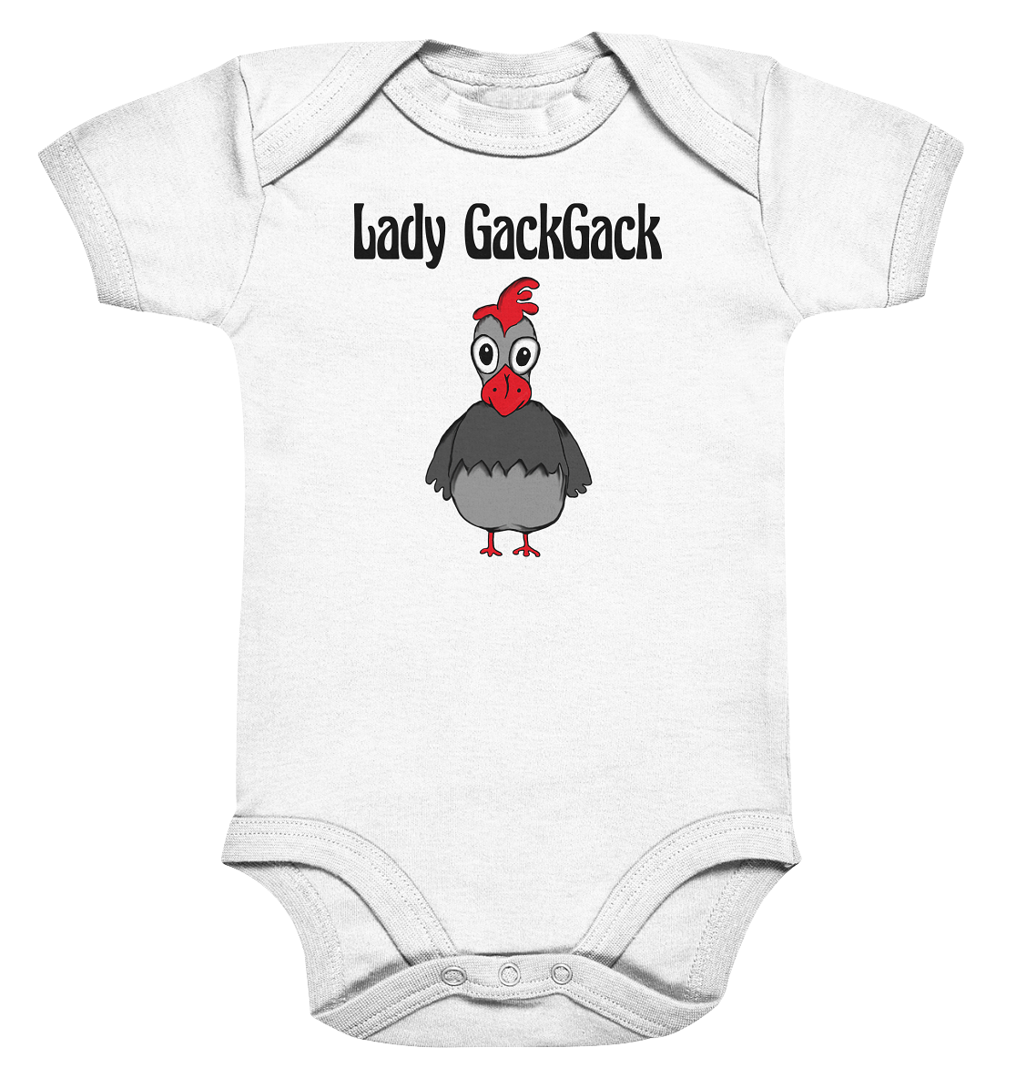 Weißer Babybody mit verrückter Henne und Schriftzug Lady Gackgack