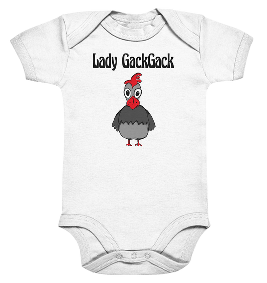 Weißer Babybody mit verrückter Henne und Schriftzug Lady Gackgack