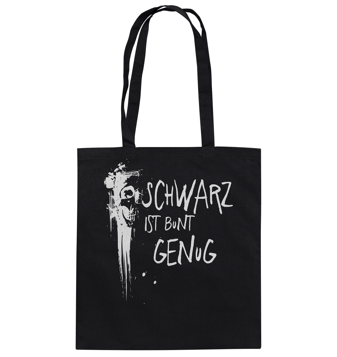 Baumwoll Tasche Shopping Bag mit Spruch „Schwarz ist bunt genug“ und Skull-Graffiti-Design, lässiges Streetwear Shirt aus 100 % Baumwolle.