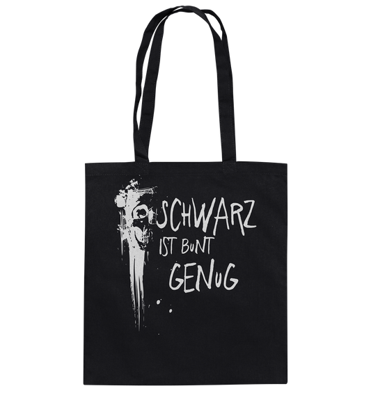 Baumwoll Tasche Shopping Bag mit Spruch „Schwarz ist bunt genug“ und Skull-Graffiti-Design, lässiges Streetwear Shirt aus 100 % Baumwolle.