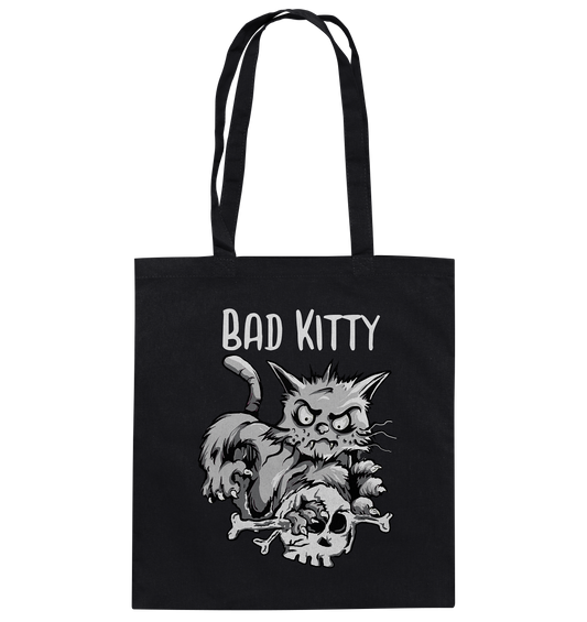 Baumwolltasche mit böser Gothic-Katze, Skull in den Krallen, Aufschrift „Bad Kitty“, düsteres Katzenmotiv.