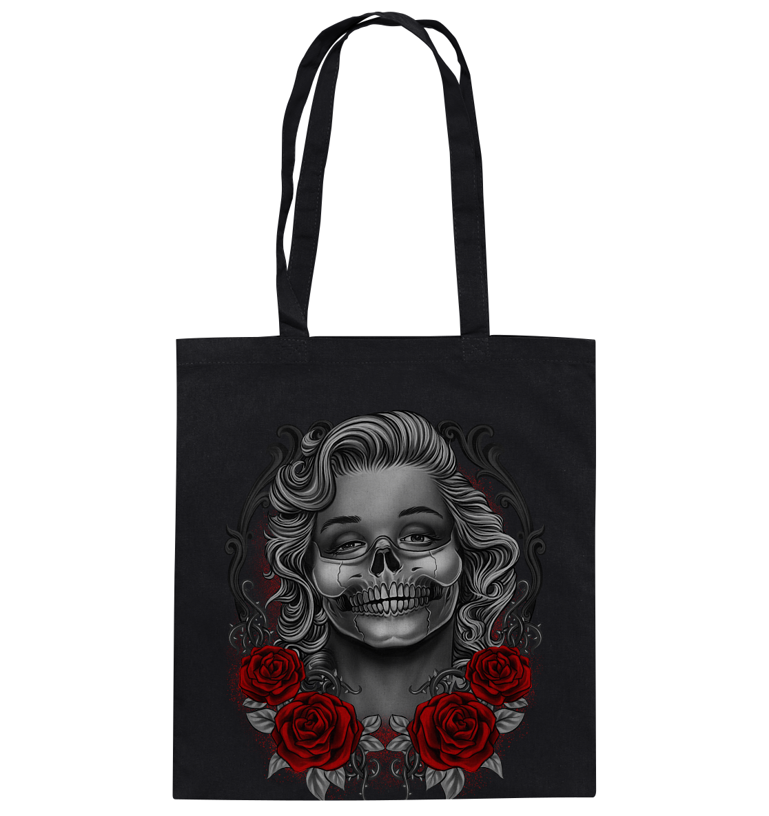 Baumwolltasche mit Skull und Rosen Tattoo Design „Monroses Skull“, Gothic-Style, robuste Tragetasche aus 100 % Baumwolle.