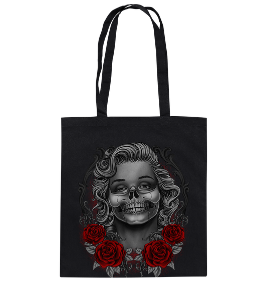 Baumwolltasche mit Skull und Rosen Tattoo Design „Monroses Skull“, Gothic-Style, robuste Tragetasche aus 100 % Baumwolle.