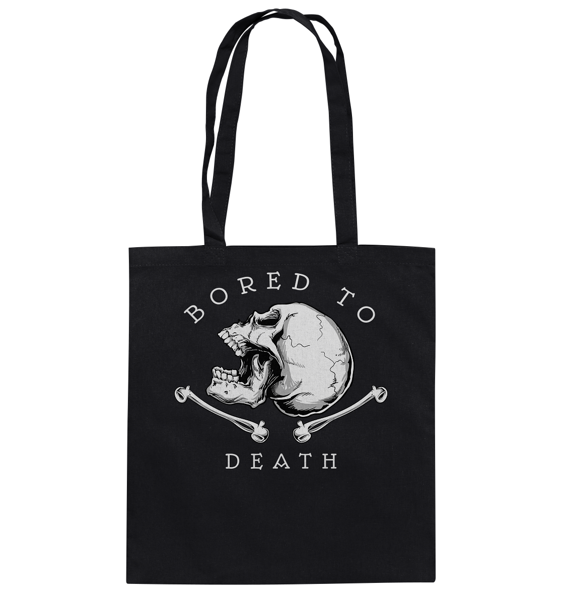Baumwolltasche mit Skull-Design und Spruch „Bored to death“, leichte Tragetasche aus 100 % Baumwolle, frecher Stil.