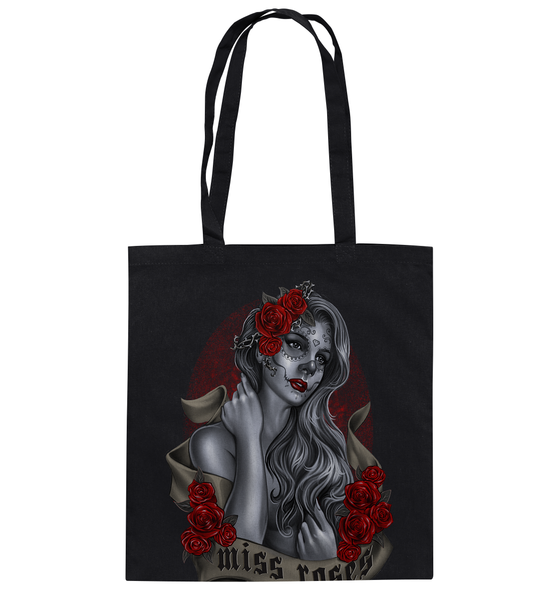 Baumwolltasche mit Gothic Tattoo Motiv „Miss Roses“, schwarze Rosen und Tattoo-Art Design, robuste Tragetasche aus Baumwolle.