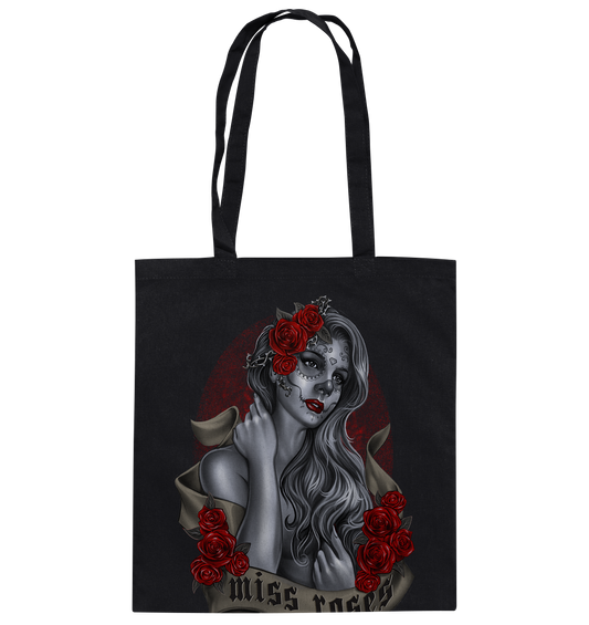 Baumwolltasche mit Gothic Tattoo Motiv „Miss Roses“, schwarze Rosen und Tattoo-Art Design, robuste Tragetasche aus Baumwolle.