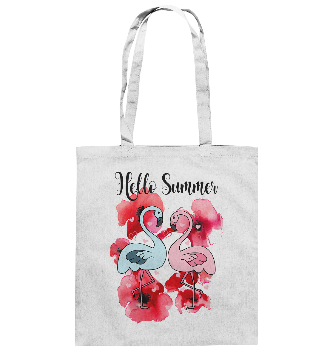 Baumwolltasche mit zwei Flamingos, Hibiskusblüten und Schriftzug „Hello Summer“, tropisches Sommermotiv.