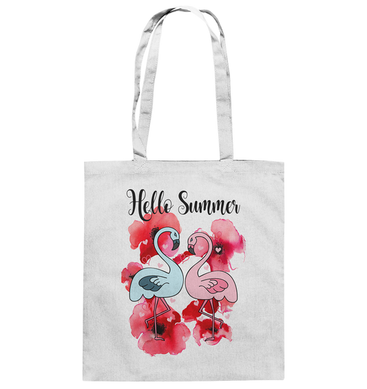 Baumwolltasche mit zwei Flamingos, Hibiskusblüten und Schriftzug „Hello Summer“, tropisches Sommermotiv.