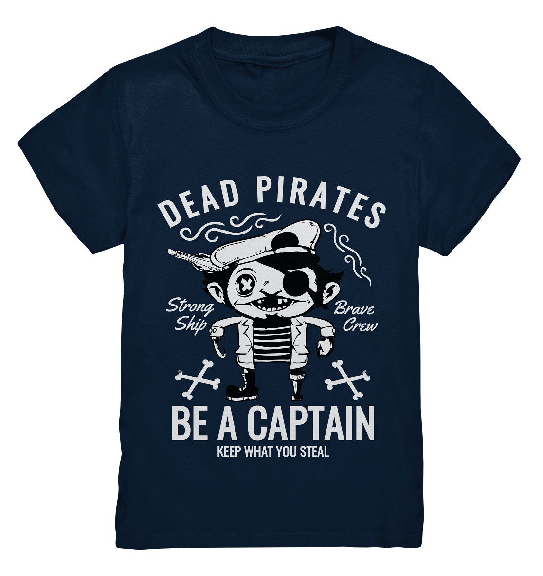 Schwarzes Kids T-Shirt mit lustigem Piratenmotiv und Spruch „Dead Pirates. Be a captain“, spaßig und frech für kleine Abenteurer.