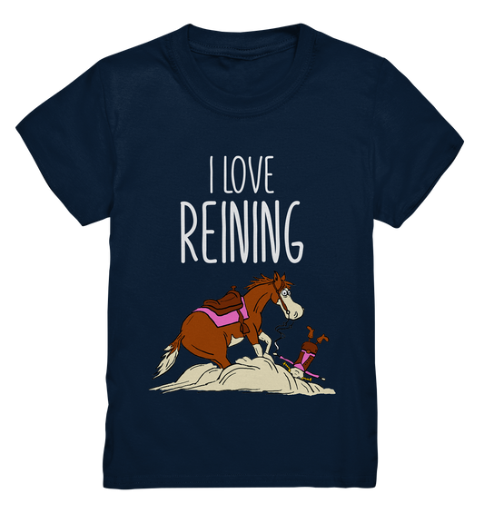 Schwarzes Kids Shirt mit Quarter Horse im Sliding Stop und gestürztem Reiter Schriftzug I Love Reining
