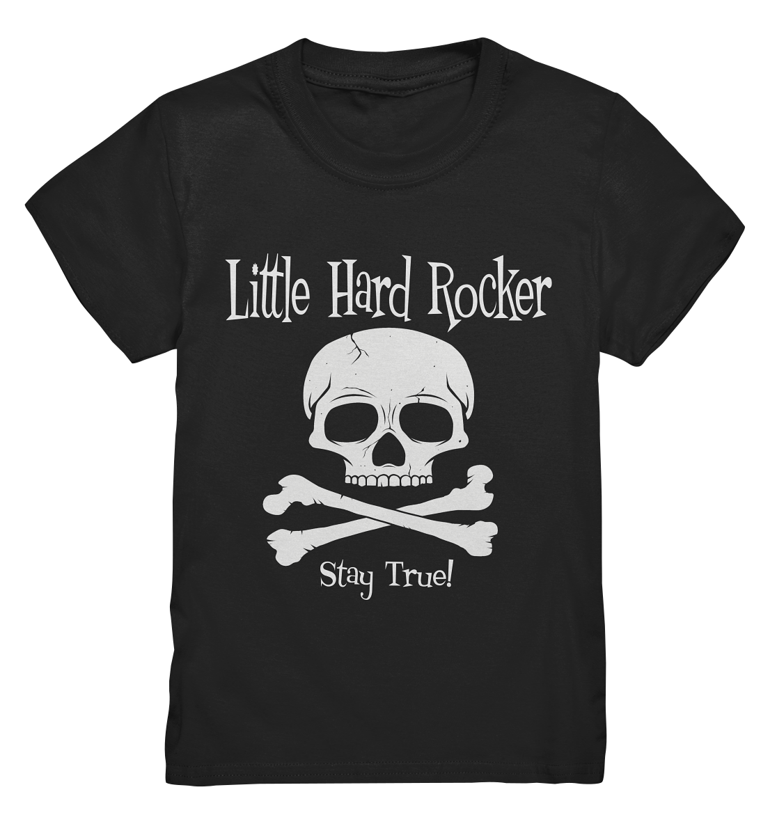 Schwarzes Kids T-Shirt mit Skull & Crossbones und dem Schriftzug „Little Hard Rocker“ – rockiges Design.
