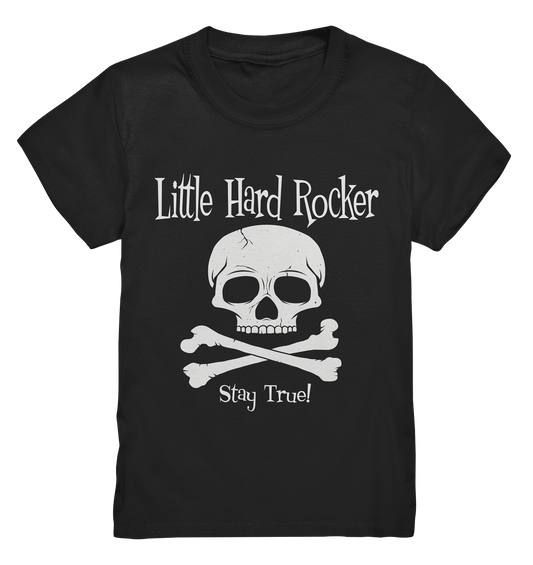 Schwarzes Kids T-Shirt mit Skull & Crossbones und dem Schriftzug „Little Hard Rocker“ – rockiges Design.