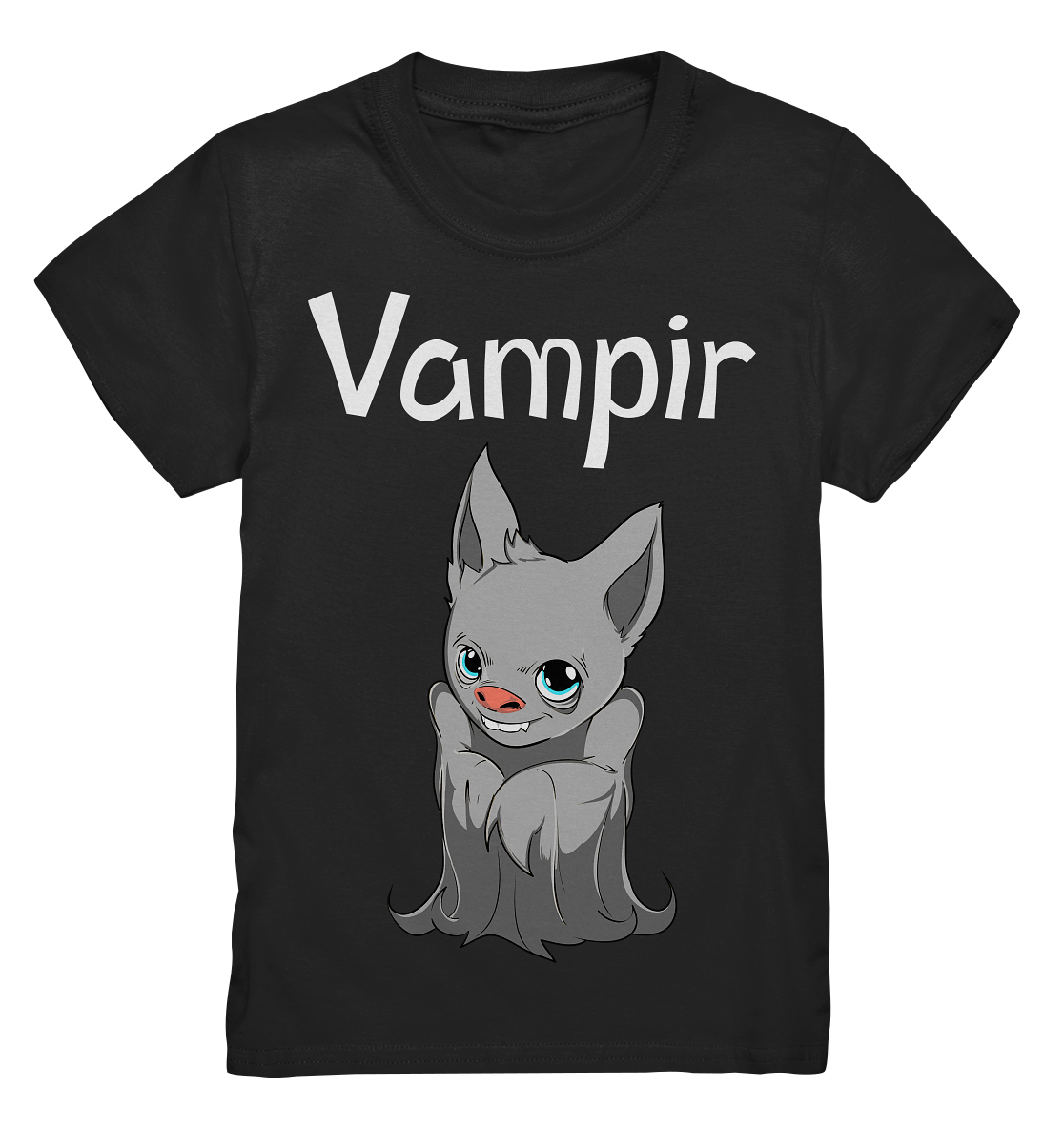 Schwarzes Kids T-Shirt mit süßem Fledermaus-Motiv und dem Schriftzug „Vampir“, kindgerecht und leicht gruselig.