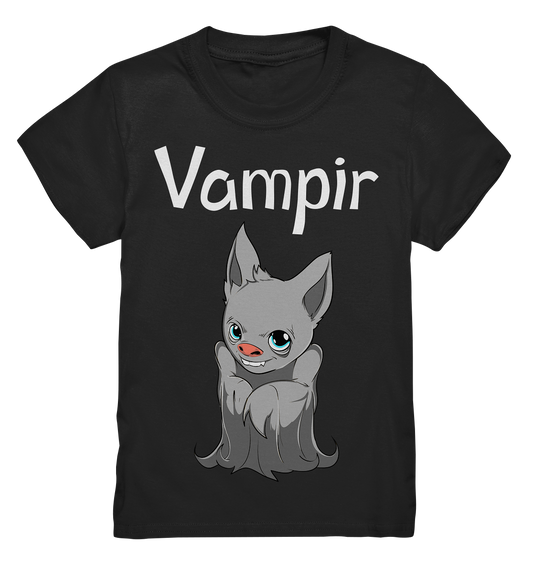 Schwarzes Kids T-Shirt mit süßem Fledermaus-Motiv und dem Schriftzug „Vampir“, kindgerecht und leicht gruselig.