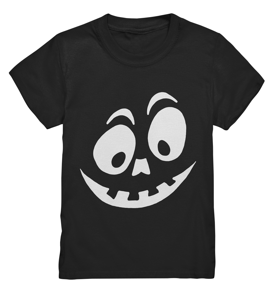 Schwarzes Kids T-Shirt mit großem weißen Kürbis-Grinsegesicht auf der Vorderseite