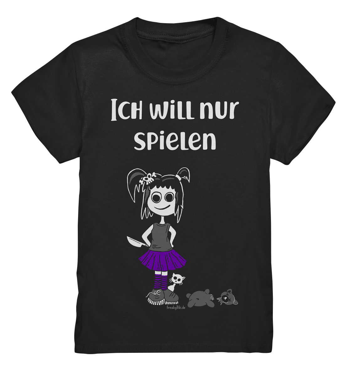 Schwarzes Kids T-Shirt mit süßem Gothic Girl und dem weißen Schriftzug „Ich will nur spielen.“ auf der Vorderseite