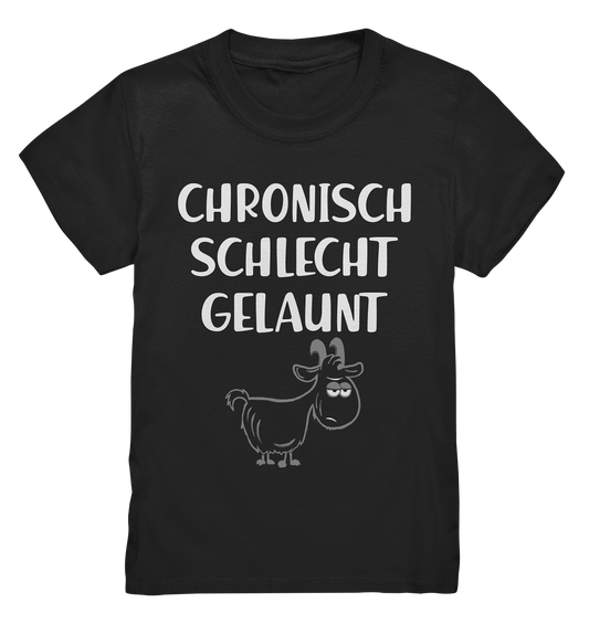Schwarzes Kids T-Shirt mit weißem Schriftzug „Chronisch schlecht gelaunt. Zicke.“ und einer grimmig dreinblickenden Ziege auf der Vorderseite