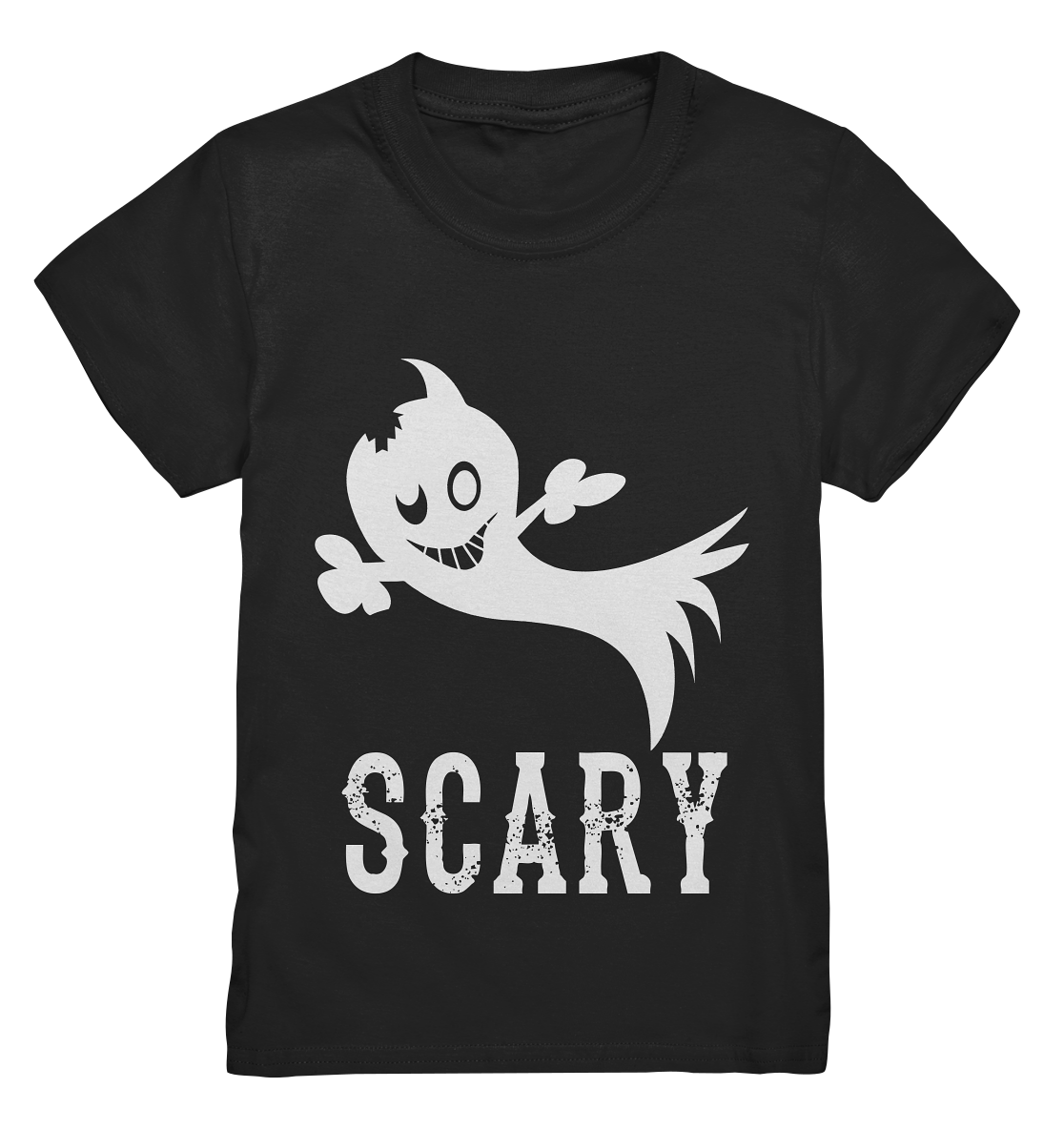 Kids T-Shirt mit weißem Gespenst und Schriftzug „Scary“ – süßes Halloween-Motiv für Kinder.