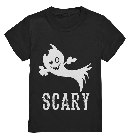Kids T-Shirt mit weißem Gespenst und Schriftzug „Scary“ – süßes Halloween-Motiv für Kinder.