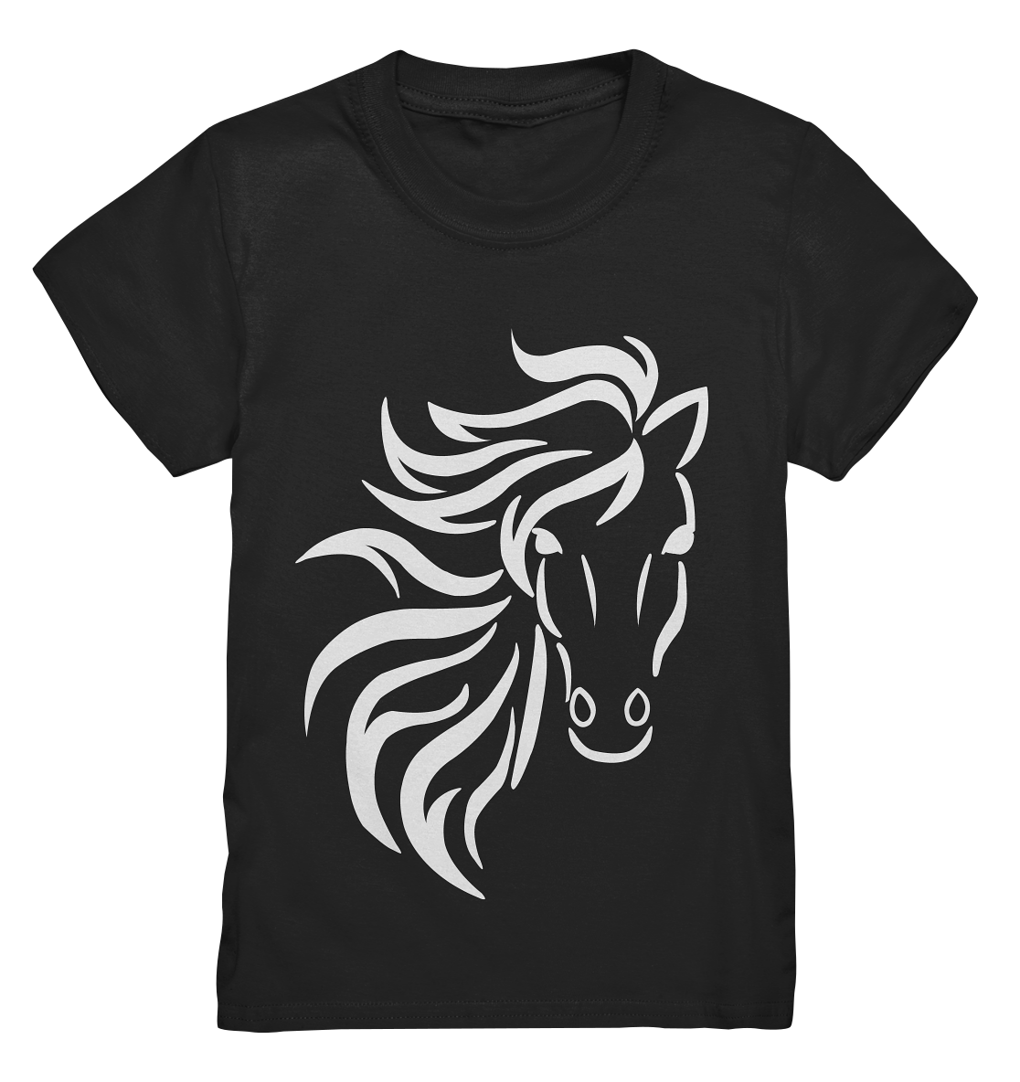 Schwarzes Kids Shirt mit weißem Motiv: Wild galoppierendes Pferd mit wehender Mähne, kraftvoll und kindgerecht.