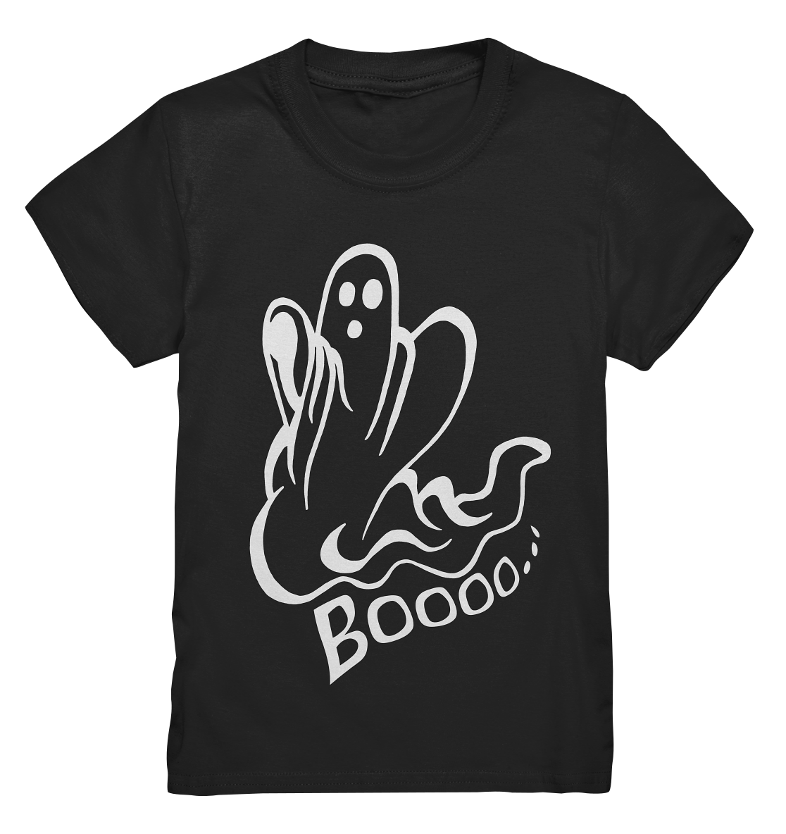 Schwarzes Kids T-Shirt mit großem weißen Gespenst und dem Schriftzug „Booo...“ auf der Vorderseite