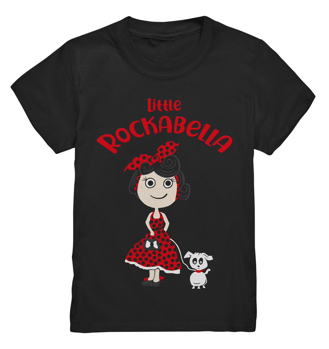 Schwarzes Kids T-Shirt mit süßer kleiner Rockabella im Retro-Stil auf der Vorderseite