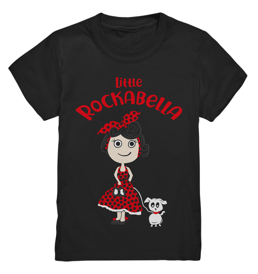 Schwarzes Kids T-Shirt mit süßer kleiner Rockabella im Retro-Stil auf der Vorderseite
