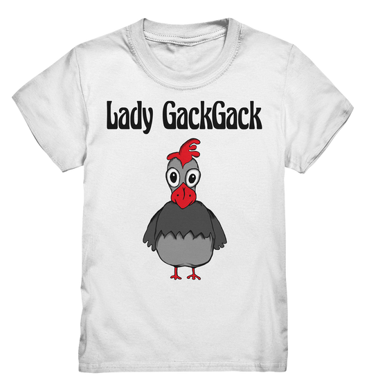 Weißes Kids Shirt mit verrückter Henne und Schriftzug Lady Gackgack