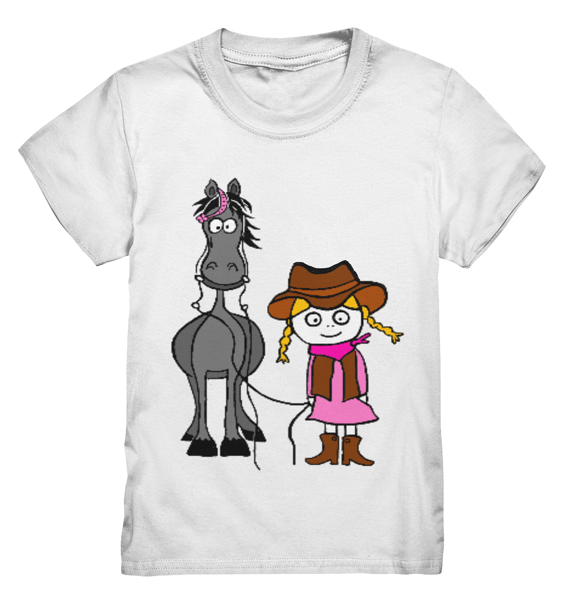 Kids T-Shirt mit süßem Western-Mädchen und Ranch-Pferd – ohne Schrift, liebevoll gezeichnet