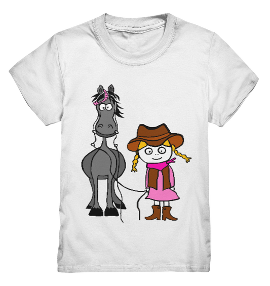 Kids T-Shirt mit süßem Western-Mädchen und Ranch-Pferd – ohne Schrift, liebevoll gezeichnet