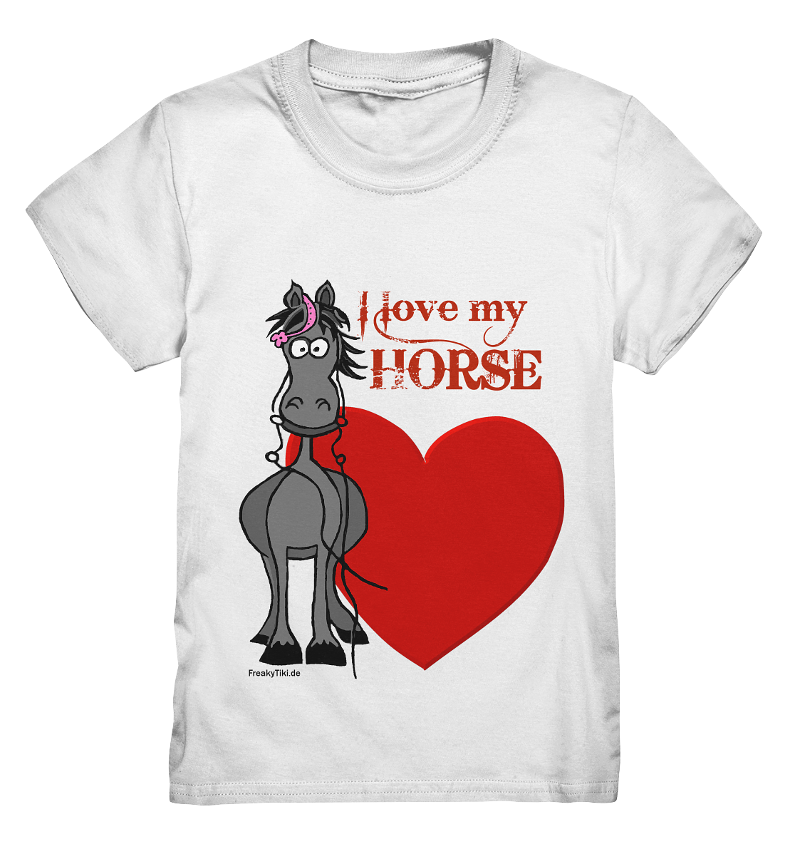 Kids T-Shirt mit grauem Pferd und rotem Herz – süßes Motiv für kleine Pferdeliebhaber