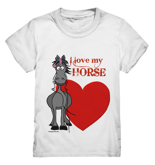 Kids T-Shirt mit grauem Pferd und rotem Herz – süßes Motiv für kleine Pferdeliebhaber